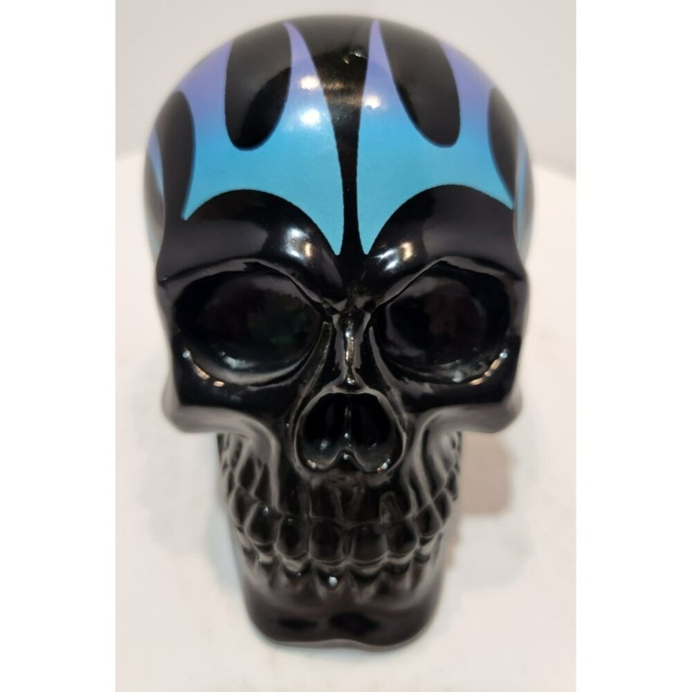 Flaming Skull Plastic Piggy Bank Blue Purple Black w/ Stopper Halloween Decor